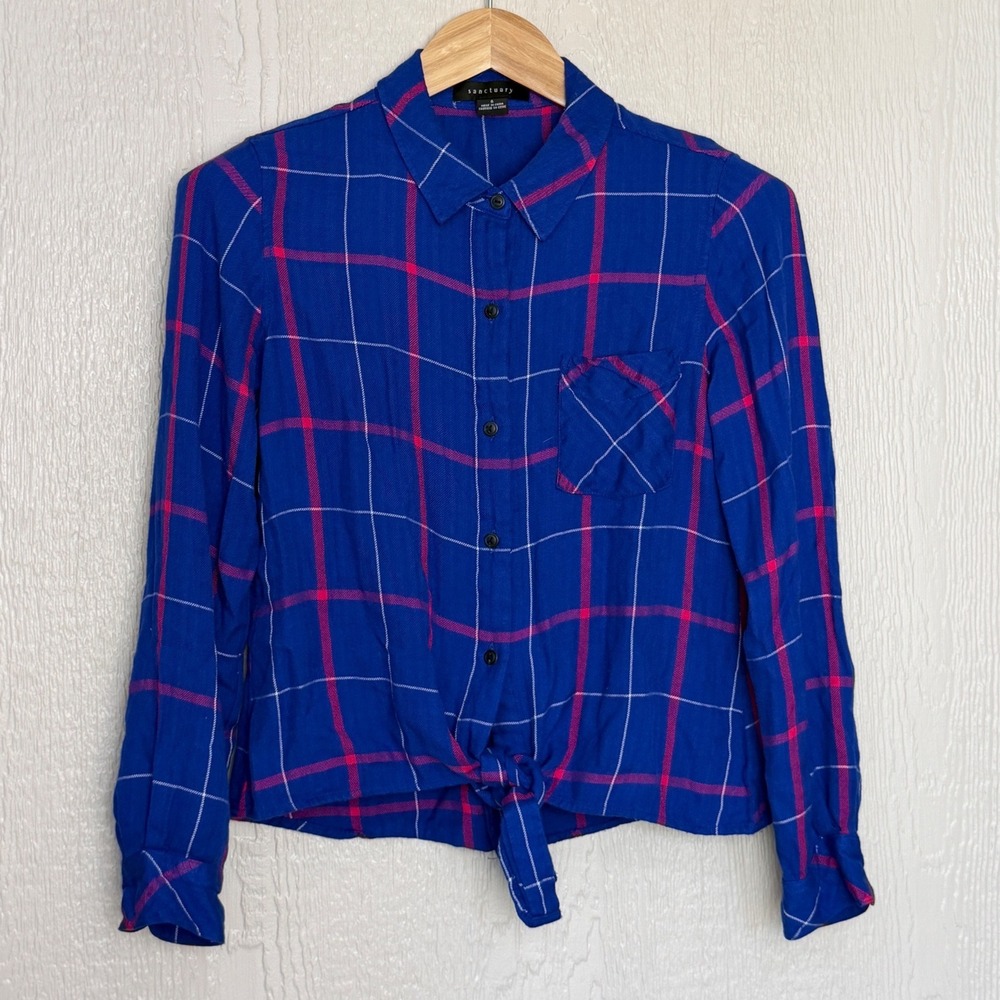 Sanctuary Blue Pink Plaid Tie Front Button Down Shirt Womens Small Long Sleeve